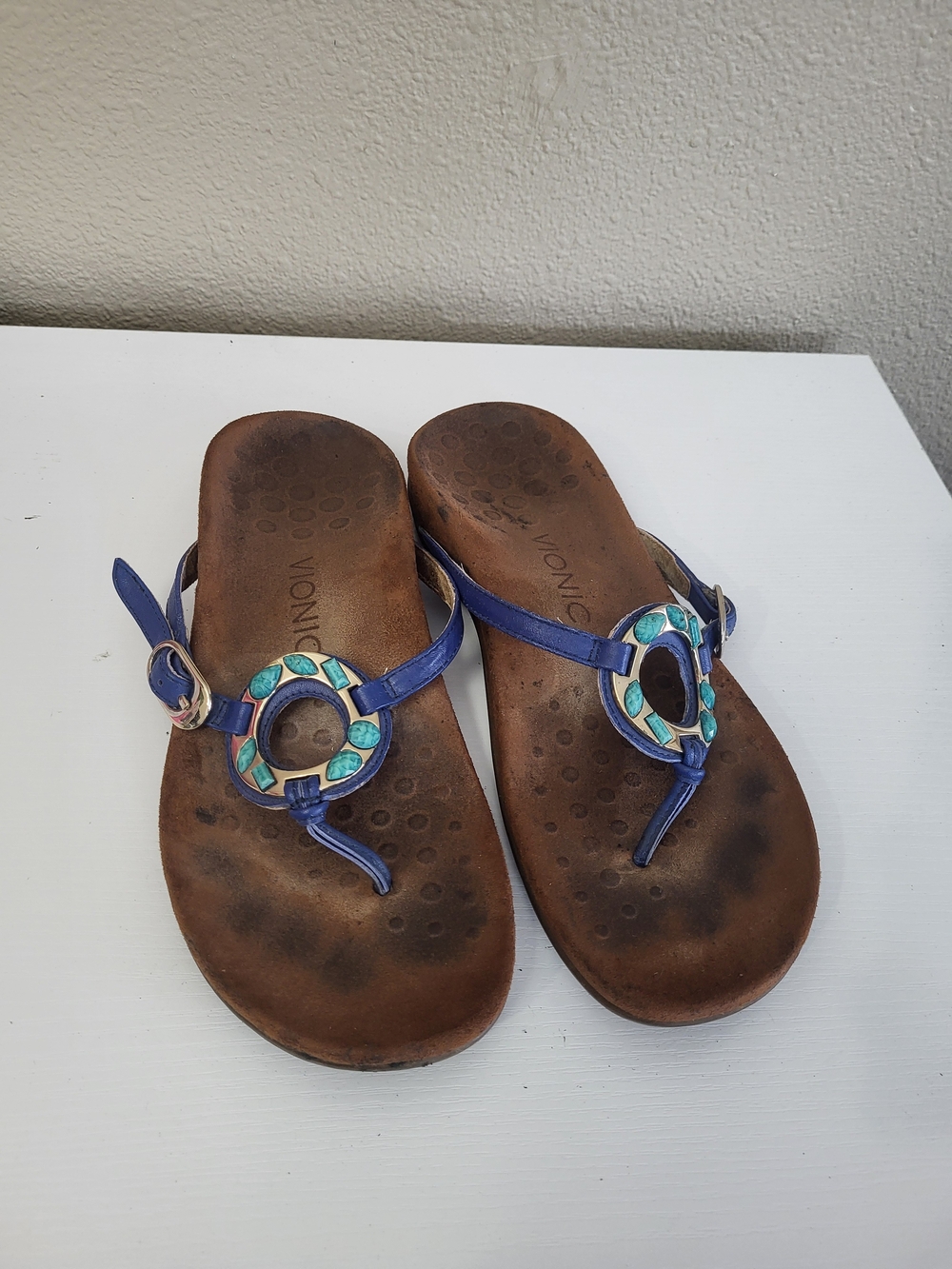 VIONIC RICCI Sandals 7 Turquoise Leather Ring Toe Post Orthotic Flip Flops